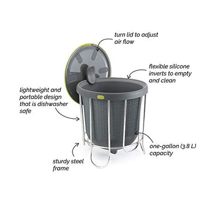 Polder Kitchen Composter-Flexible Silicone Bucket inverts for Emptying and Cleaning - no Need to Touch Contents- Adjustable lid for Ventilation & Airflow Control, Gray/Green