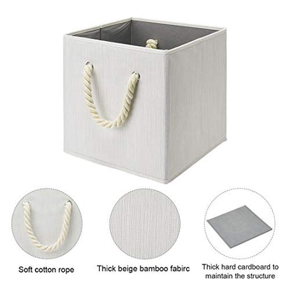 Foldable Storage Cube Bins Beige-White Bamboo Fabric Collapsible Resistant Basket Box Organizer with Cotton Rope Handle for Home Office and Nursery 10.5x10.5x11 inch