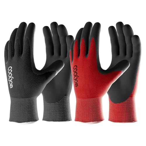 COOLJOB Gardening Gloves for Men, 2 Pairs Breathable Rubber Coated for Garden Weeding Landscaping, Outside Work for Lawn Yard, Men's Large Size, Black & Red - color: Black & Red (Latex), size: Large (Pack of 2)