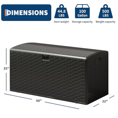 100 Gallon Blow Molded Deck Box,Lockable Outdoor Storage,Waterproof Patio Bench,Black