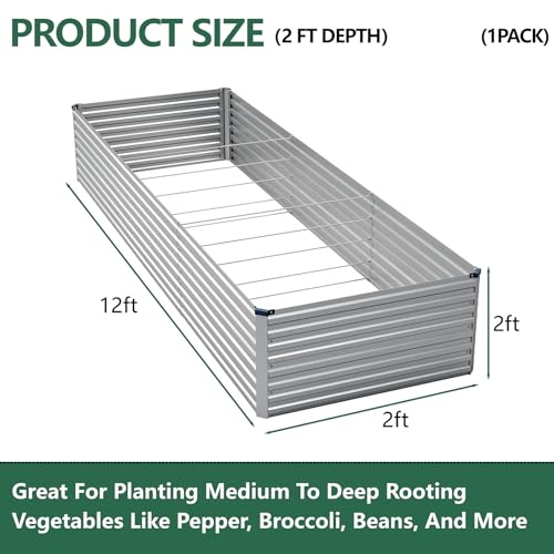 Vengarus 12x2x2ft Galvanized Raised Garden Bed,Metal Raised Beds Kit Silver - color: Silver, size: 12x2x2 ft
