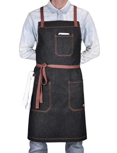Mens Womens Cooking Apron with Cross Back Straps,Black Denim - color: Black Denim With Cross Back Straps