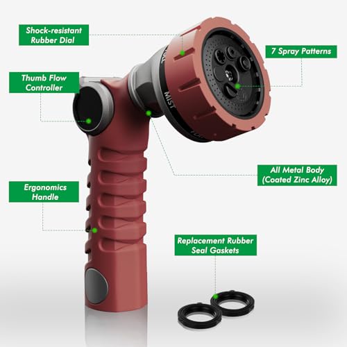 RESTMO Heavy Duty Hose Nozzle, Metal Garden Water Hose Sprayer - color: Red