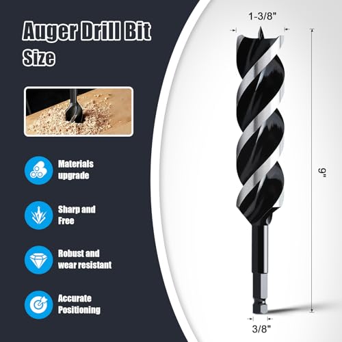 1-3/8" x 9" Auger Drill Bit for Wood,Hex Shank Tri Flute Drill Bit - size: 1-3/8"x9"