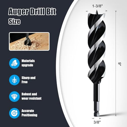 1-3/8" x 9" Auger Drill Bit for Wood,Hex Shank Tri Flute Drill Bit - size: 1-3/8"x9"