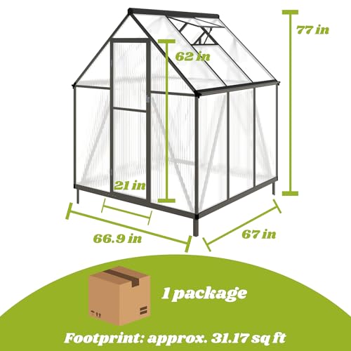 6x6FT Outdoor Polycarbonate Greenhouse with Roof Vent, Dark Gray - color: Dark Gray, size: 6×6FT