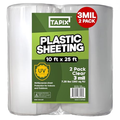Plastic Sheeting (10' x 25') Long, 3 Mil (2 Pack) - UV Protection Poly Sheeting Polyethylene Film, Heavy Duty Greenhouse Plastic Sheeting