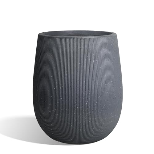 Worth Garden Dark Gray Round Planter, 9" Dia x 13" H Lightweight Magnesium Oxide Cement Plant Pot with a Striped Textured Finish, Raised Pattern Concrete Look, Drainage Hole, Indoor & Outdoor Use - color: Dark Grey, size: Small