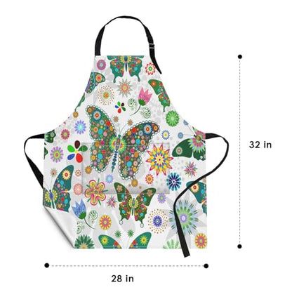 Britimes Butterfly Apron Floral Colorful Butterflies Flowers Aprons Kitchen Cooking Gardening for Women With Pockets - color: Cute Aprons 3