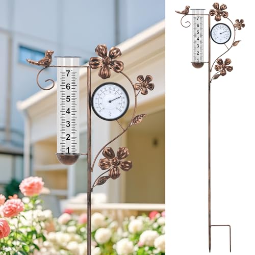 Rain Gauge Outdoor with Thermometer Garden Decorative, Bird Rain Gauges