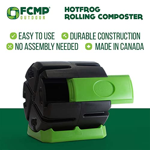 FCMP Outdoor HOTFROG Rolling Single Chamber Batch Tumbling Composter - Outdoor Rotating Garden Compost Bin (HF-RC4000WB) Black & Green (37-Gallon)