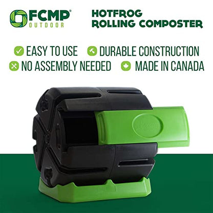 FCMP Outdoor HOTFROG Rolling Single Chamber Batch Tumbling Composter - Outdoor Rotating Garden Compost Bin (HF-RC4000WB) Black & Green (37-Gallon)
