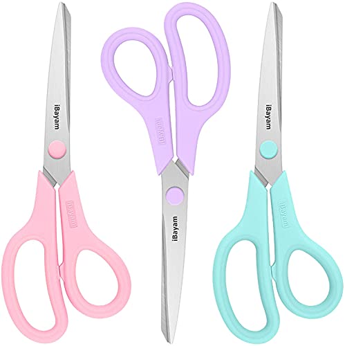 iBayam 8.5" Scissors All Purpose, 2.5mm Sharp Blade, 3 Cute School Office - color: Pastel Pink, Soft Purple, Macaron Blue, size: 3-Pack