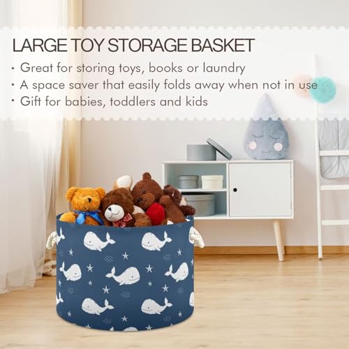Navy Blue Whale Round Storage Basket Collapsible with Handle - color: Navy Blue