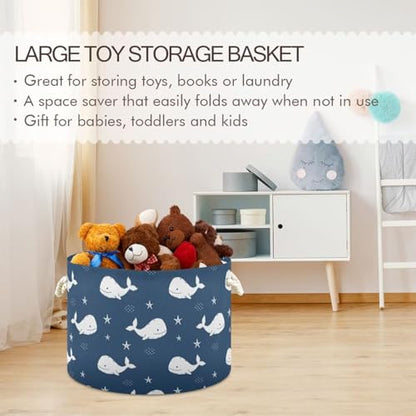 Navy Blue Whale Round Storage Basket Collapsible with Handle - color: Navy Blue