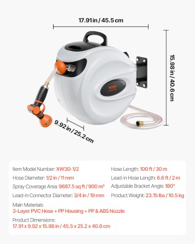 VEVOR Retractable Hose Reel, 100 ft x 1/2 inch, 180° Swivel Bracket Wall-Mounted, Garden Water Hose Reel with 9-Pattern Nozzle, Automatic Rewind, Lock at Any Length, and Slow Return System
