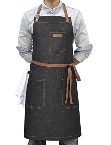 Chef Apron with Pockets & Towel Loop,Mens Womens,Black Denim - color: Black Denim