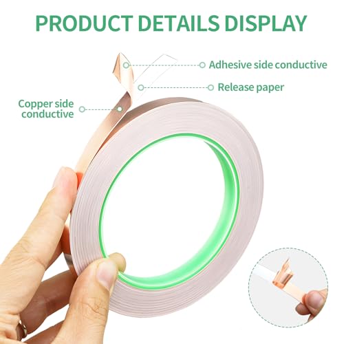 2PCS Copper Foil Tape with Double-Sided Conductive Adhesive (0.2" x 65.6FT) - Guitar Shielding Tape, EMI Shielding Tape, Copper Barrier for Gardens, Stained Glass, Crafts, Electrical Repairs - style: 2pcs