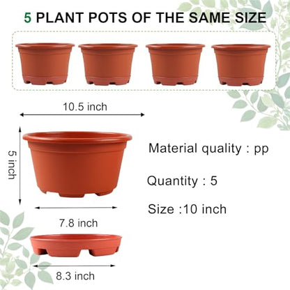 KPUVX 5 Pack 10.5 inch Plant Pots, Plastic Flower Pot - color: Red, size: 10.5 inch