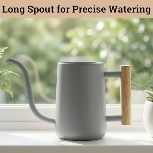 Metal Small Indoor Watering Can with Long Spout & Real Wood Handle, 35oz - color: Gray