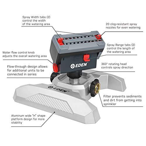 Eden 94127 Metal Adjustable 4-Way Mini Turbo Oscillating Sprinkler W/Quick Connect Starter Set, 20 Nozzle, Covers up to 4,000 sq. ft.