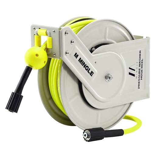 M MINGLE Retractable Pressure Washer Hose Reel, 1/4" × 60ft Power Washer Hose Reel, Auto Rewind Hose Reel, Wall/Floor Mounted, 3600 PSI - size: 60 FT