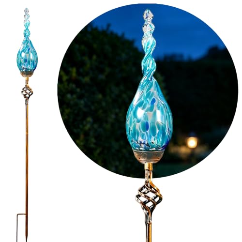 Decorative Garden Stakes, Outdoor Solar Flame Lights, LED Flame Glass Stakes, Waterproof Solar Powered Outdoor Lights for Outside Cemetery Driveway - color: Sky Bule