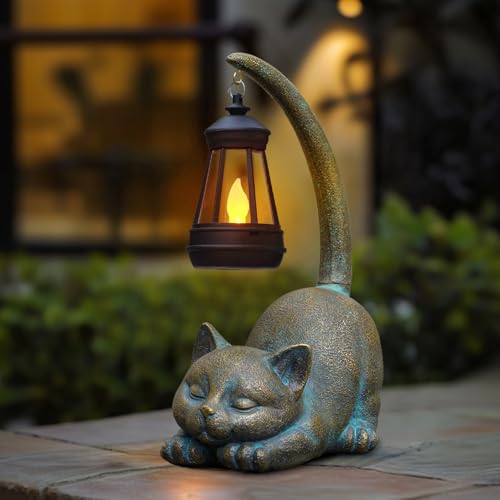 MININOVA Solar Garden Statues Cat Figurine Outdoor Decor with Solar Lantern - color: Bronze Cat