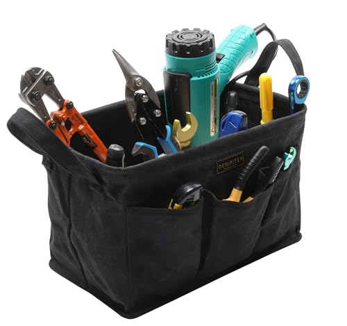 Storage Tool Case, 13.8 x 7.8 x 7.8 Inches, Rectangular Waxed Canvas Fabric Collapsible Tool Bag with Handles for Tools,Wrench Set,Screwdrivers (Black) - color: Black-Single