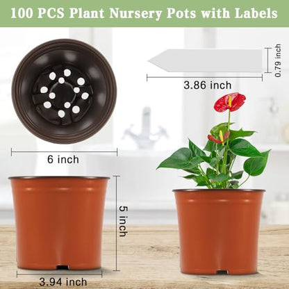 100 Pcs Plant Nursery Pots, 6 Inch Large Plant Seedling Pots with Labels Plastic Plant Flower Pots with Drainage Holes Indoor Outdoor for Succulent Cutting Transplanting - size: 6"