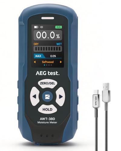 AWT-380 Rechargeable Pinless Moisture Meter for Wood, Drywall & Masonry, Wood Moisture Meter with Color Display, Adjustable Alarm, Data Records, Non-Destructive Water Leak Detector for Home