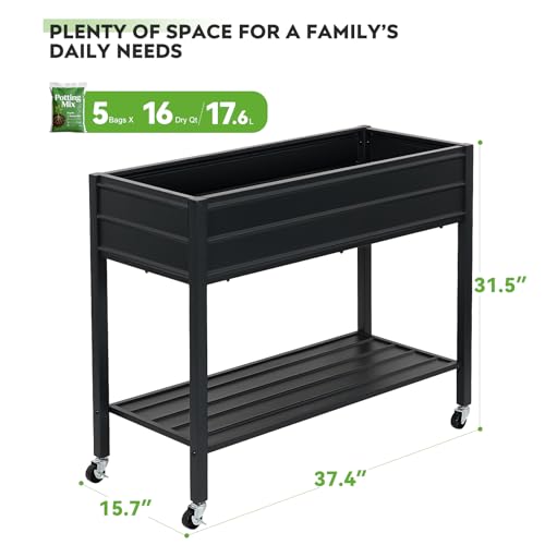32" Tall Galvanized Raised Garden Bed with Legs Wheels & Shelf, Black - color: Black