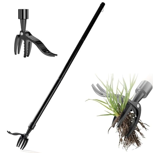 Manual Weed Puller Tool - Stand Up Weeder with 4-Claw Head & 3-Section Long Handle, Permanently Remove Dandelions with Roots, No Bending for Seniors, Lawn & Garden Tool