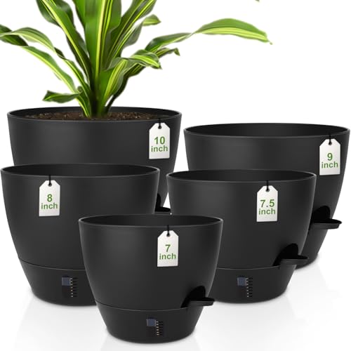 QRRICA Plant Pots 10/9/8/7.5/7 Inch Self Watering Pots, with Drainage Holes and Saucers,Water Level Indicator & Deep Reservoir,Large Plastic Planter for Indoor Out Door Plants (Pure Black) - color: Pure Black, size: 10/9/8/7.5/7 Inch