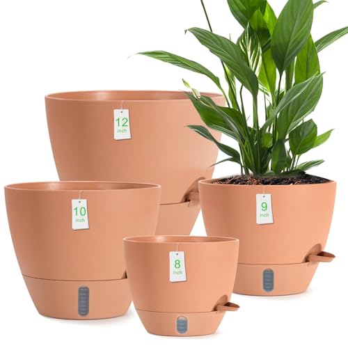 4 Pack Plant Pots,12/10/9/8/ Inch Self Watering Pots for Indoor/Outdoor Plants Deep Reservoir,Nursery Planting Pot for Indoor Out Door Plants (Terracotta,12/10/9/8/ Inch)