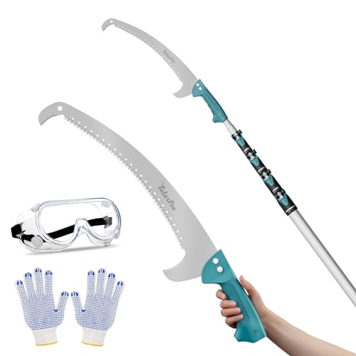 TelesPro Extendable Tree Trimmer: Manual Pole Saw | 6-24ft Telescoping Pruning Pole for Tree Trimming | Saw Attachment, Safety Goggles, and Gloves Included | Trim Branches up to 2" Diameter - size: 24FT POLE