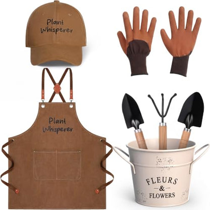 Tarpop 7 Pcs Garden Tool Set Plant Whisperer Apron Cap Gloves Tools, Brown - color: Brown