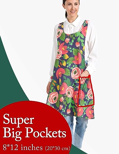 Cozy Adjustable Cross Back Aprons for Women with Pockets Cotton Linen Cooking Kitchen Baking - color: Red Tulips