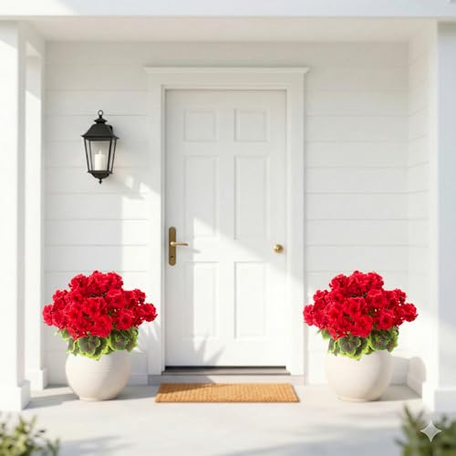 lovemoon 2 Pcs Geranium Potted Artificial Flowers, Red, 19" - color: Red