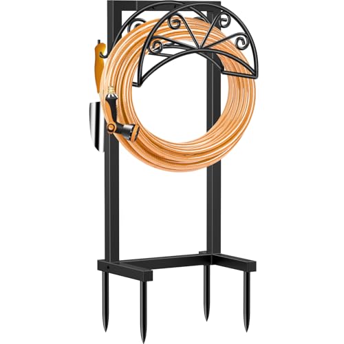 TomCare Garden Hose Holder, Heavy Duty Stand for 160FT Hose with 4 Spikes - color: Black, size: 15.2″ W