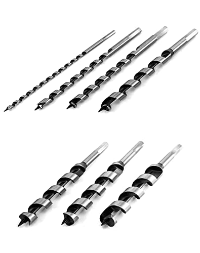 QWORK Auger Drill Bit Set, 7 Piece Set 9" Auger Bit Set Hardened Alloy Steel Ship Auger Bit Creates Deep Clean Hole Precise Drilling for Wood Drilling