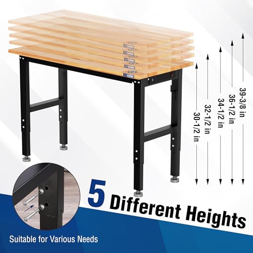 WORKPRO 48" Adjustable Garage Workbench, Rubber Wood Top, 1500 LBS