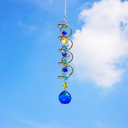 20.5in Sea Blue Crystal Gazing Ball Spiral Wind Spinner Suncatcher - color: Silver With Blue Ball Drop Prism