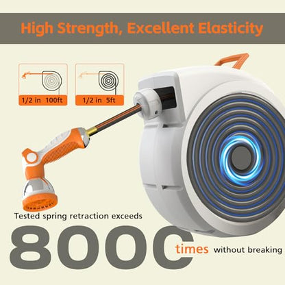 Retractable Garden Hose Reel 100 FT, 1/2" Heavy Duty Garden Hose - color: White & Orange