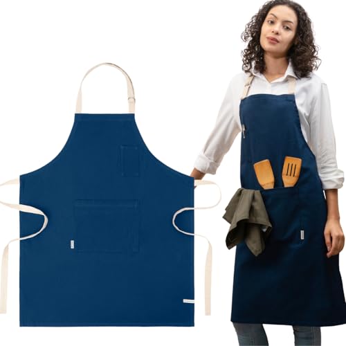Cotton Canvas Apron for Women & Men – Adjustable Neck Strap & Waist Ties with Pockets - color: Blue