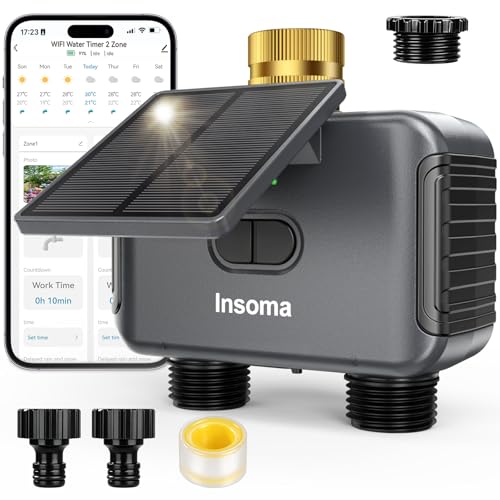 Insoma Solar WiFi Water Timer w/Adjustable 120° Solar Panel, 2-Zone Smart Sprinkler Timer Solar&Type-C Powered, APP&Voice Control Auto Irrigation for Lawn Garden, No Need Hub, Work with Alexa&Google - size: 2 Zone-Solar