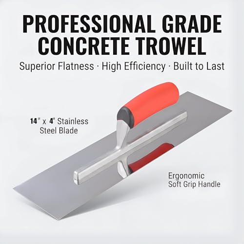 Professional Concrete Finishing Trowel, Stainless Steel Blade with Soft Grip Handle, Silver and Red, 14 x 4 Inch - size: 14*4inch