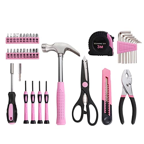 RVOGJP 39-Piece All Purpose Pink Household Tool Kit for Women - Small Tool Set with Toolbox, Great for Home, Garage, Office & College Dorm Use - color: Pink