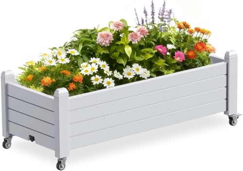 PatioZen Raised Garden Bed with Wheels, Raised Planter Box with Gauge & Drainage Plug for Vegetables Flowers Herbs, Waterproof &UV-Resistant for Outdoor, Backyard, Balcony (Ashen) - color: Ashen, size: 43.31"Lx 17.72"Wx17.56"H