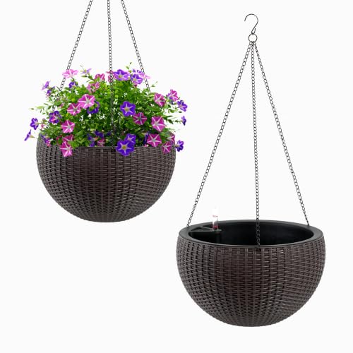 2 Pack 13.5" Self-Watering Hanging Baskets, Brown - color: Brown